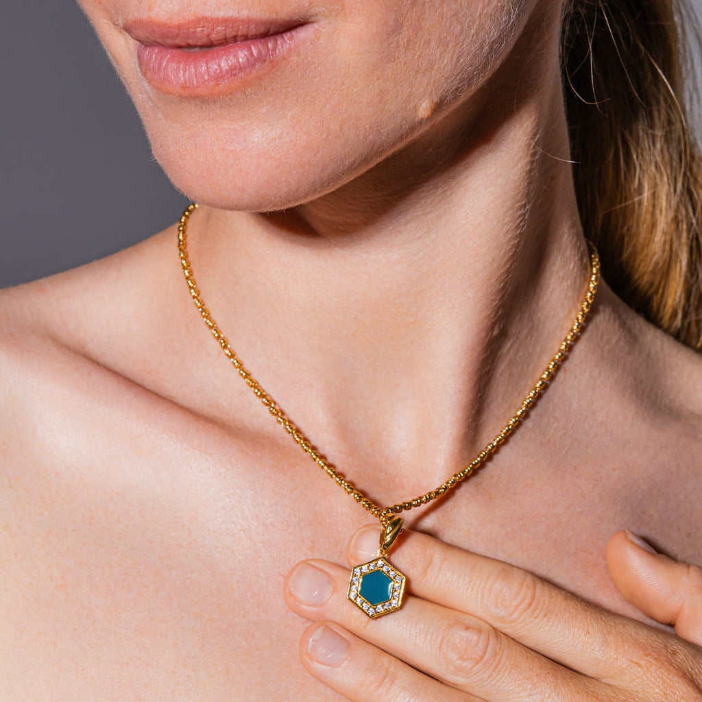 Pendente Deco in Oro con Verde, Bianco & Pavé