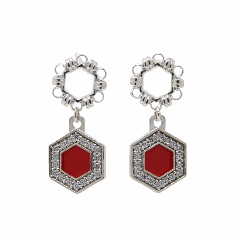 Orecchini Deco Statement in Rodio con Rosso & Pavé