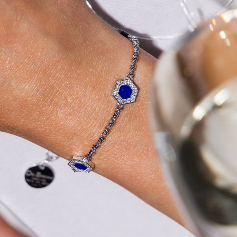 Bracciale Deco Statement in Rodio con Blu, Turchese & Pavé