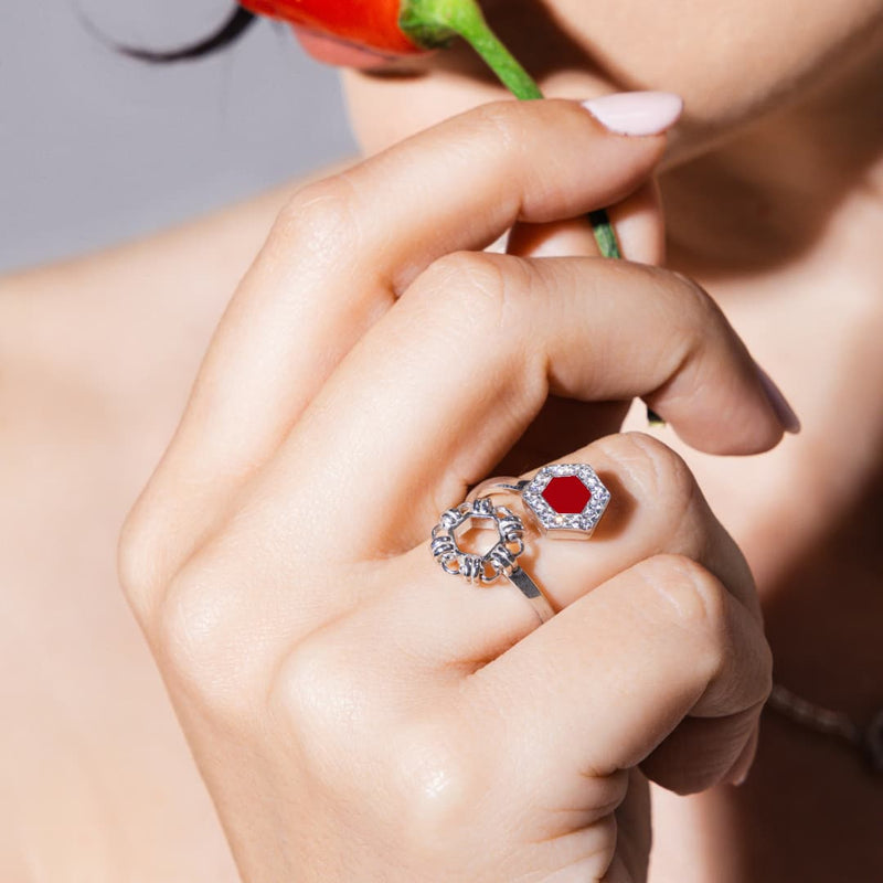 Anello Deco Statement in Rodio con Rosso & Pavé