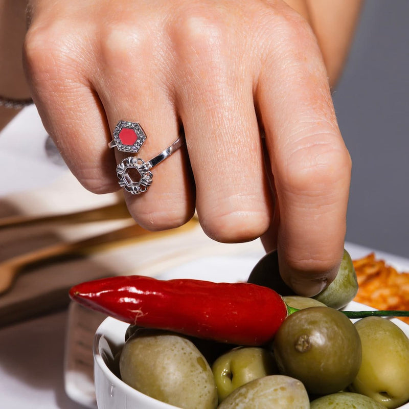 Anello Deco Statement in Rodio con Corallo & Pavé