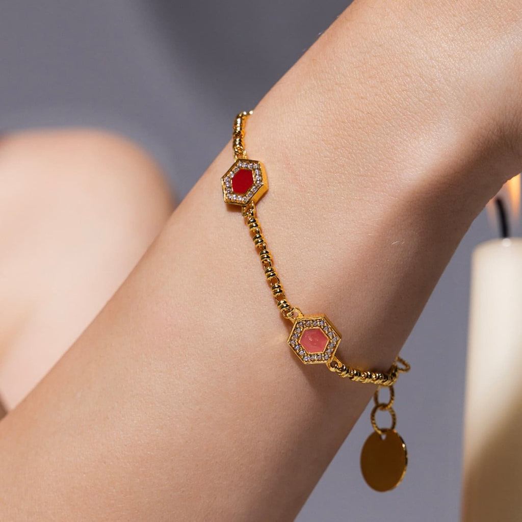 Bracciale Deco Statement in Oro con Rosso, Corallo & Pavé