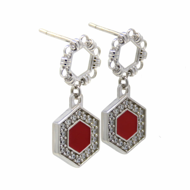 Orecchini Deco Statement in Rodio con Rosso & Pavé