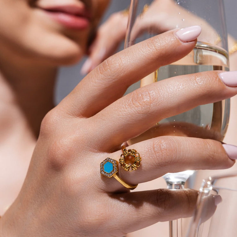 Anello Deco Statement in Oro con Turchese & Pavé