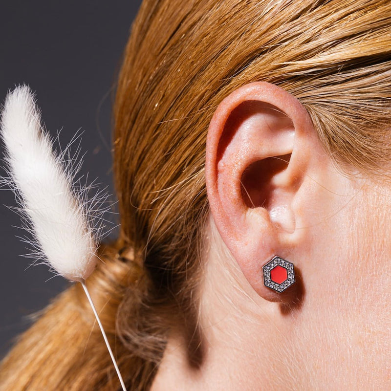 Orecchini Deco in Rodio con Corallo & Pavé