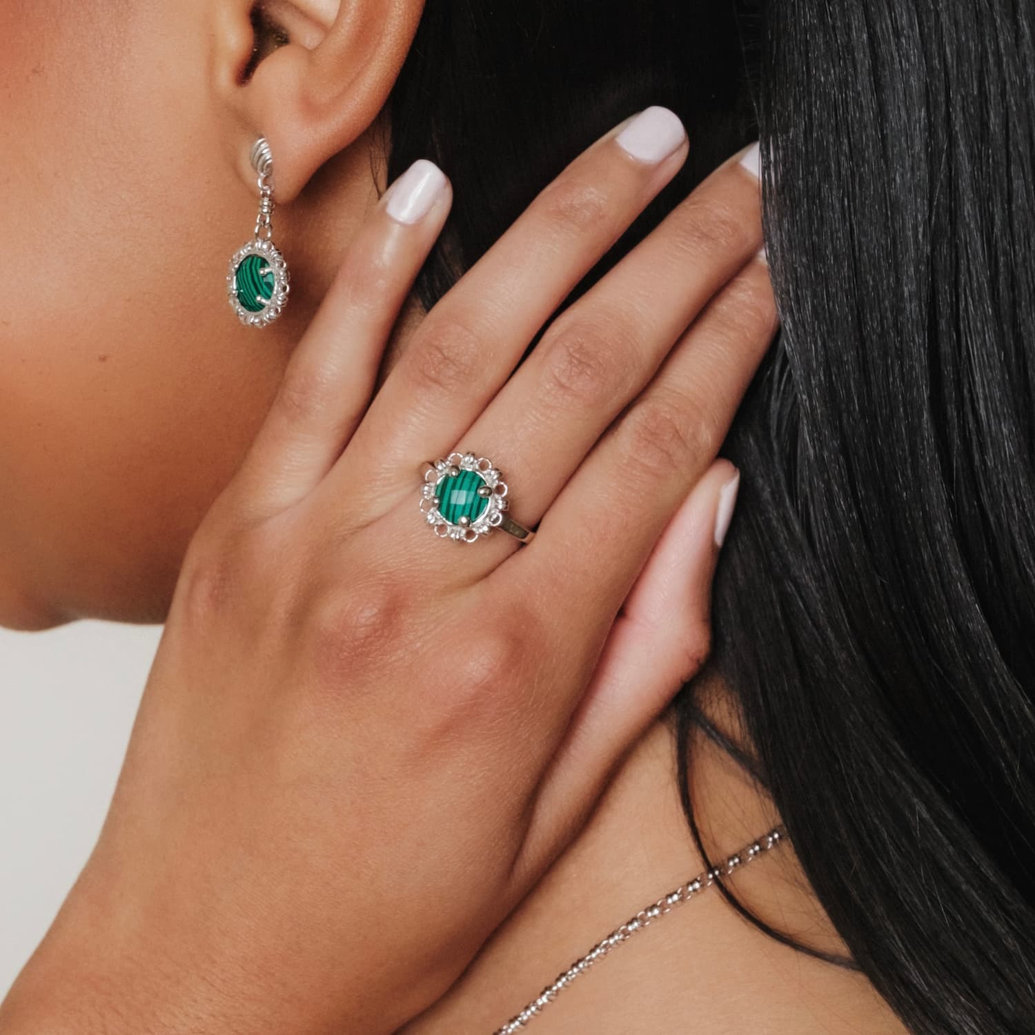 Anello Gemma in Rodio con Malachite