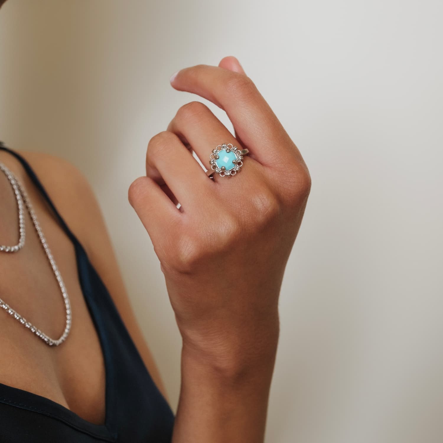 Anello Gemma in Rodio con Turchese