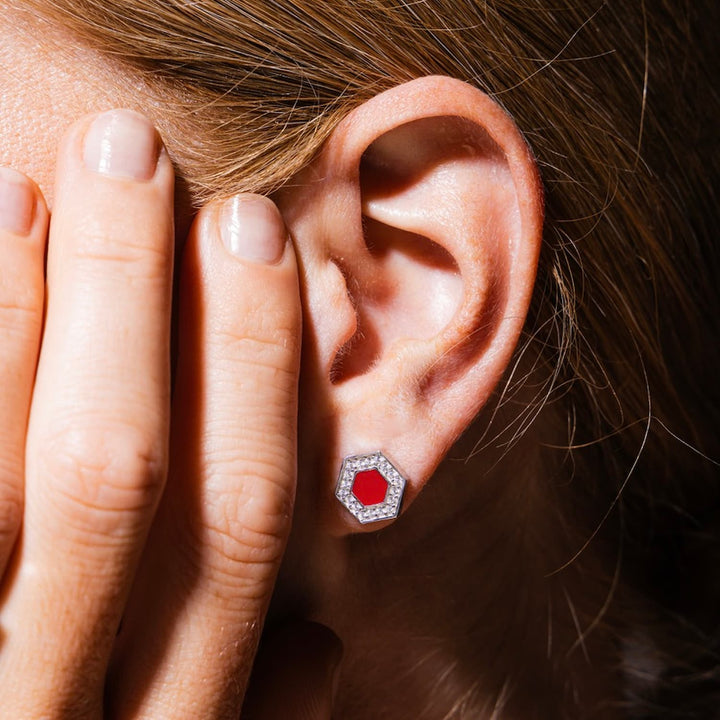 Orecchini Deco in Rodio con Rosso & Pavé