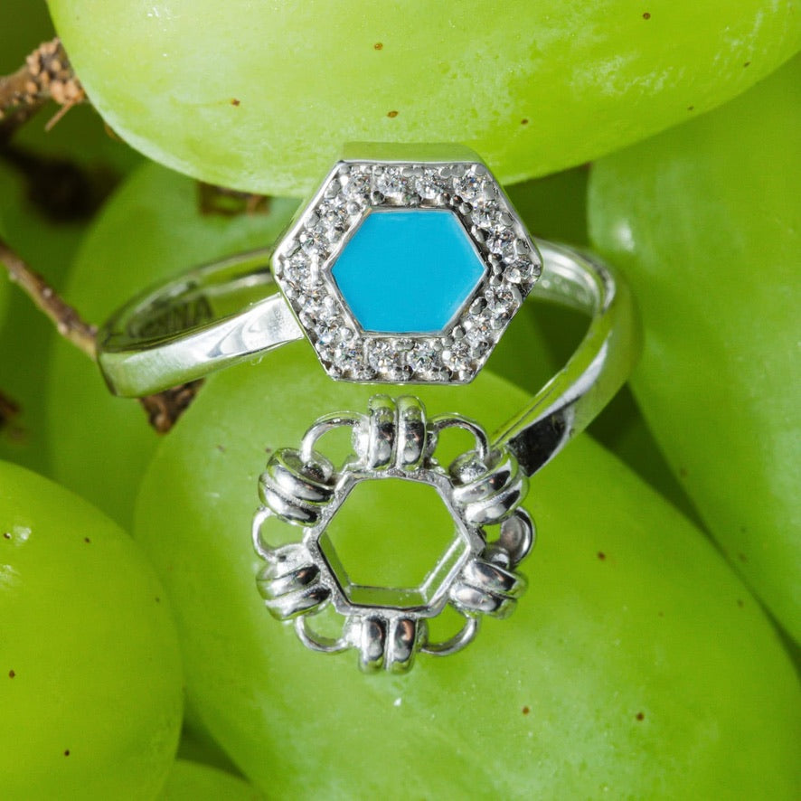 Anello Deco Statement in Rodio con Turchese & Pavé