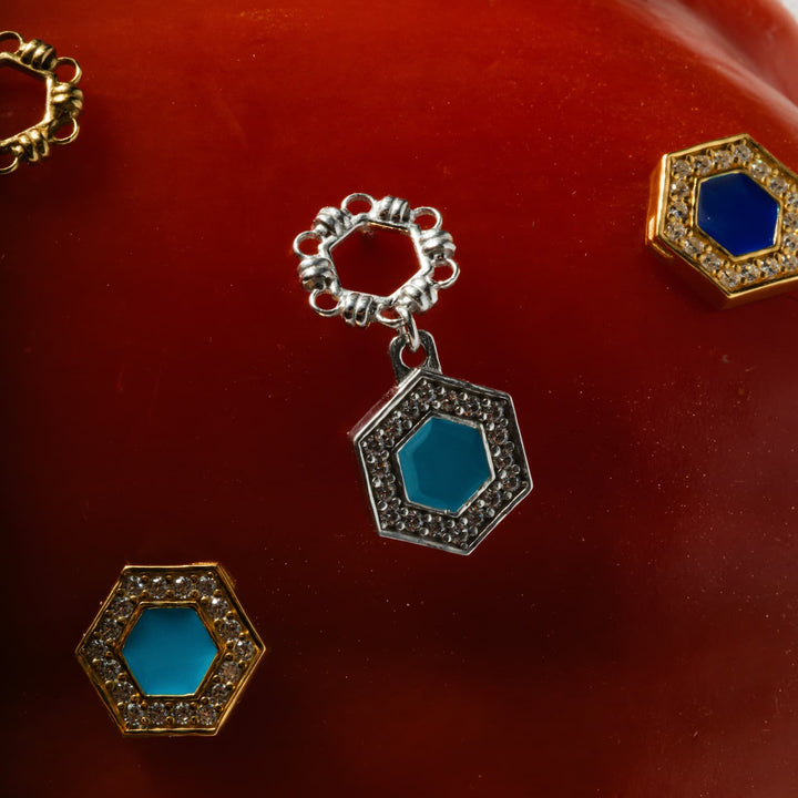 Orecchini Deco Statement in Rodio con Turchese & Pavé