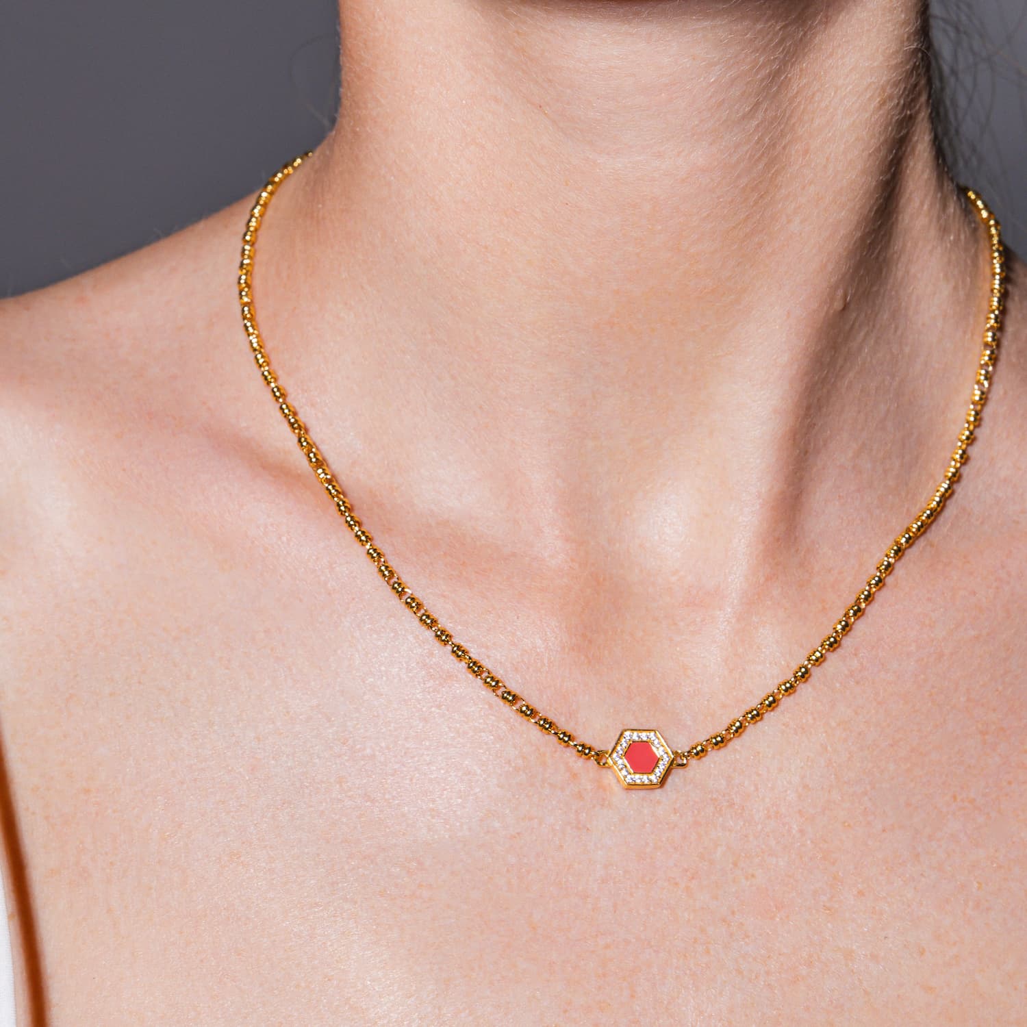 Collana Deco in Oro con Rosso, Corallo & Pavé