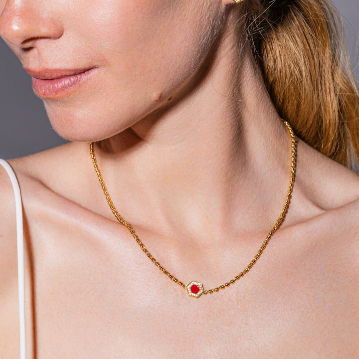 Collana Deco in Oro con Rosso, Corallo & Pavé