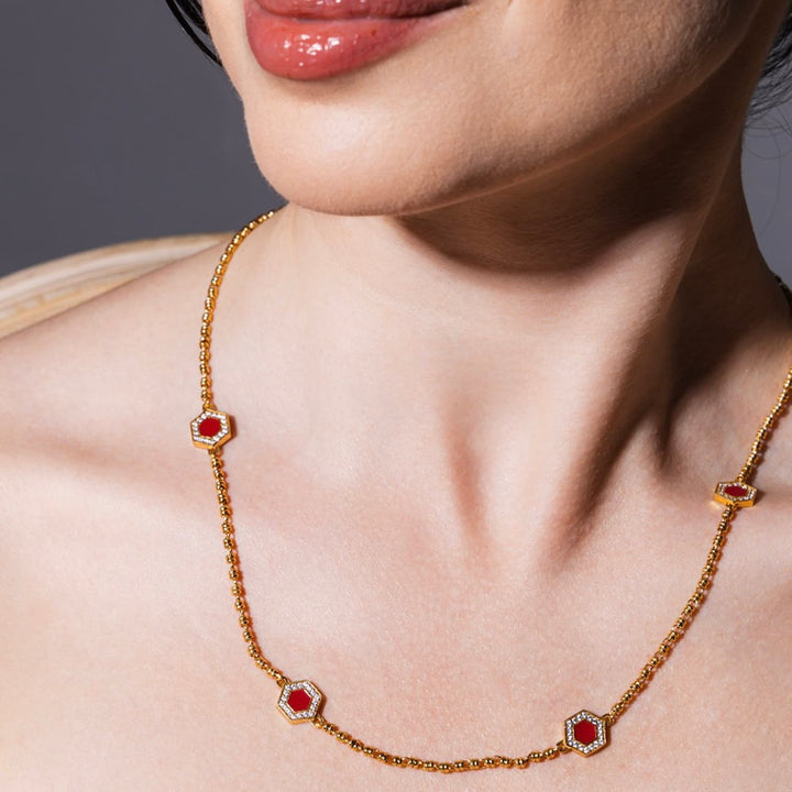Collana Deco Statement in Oro con Rosso, Corallo & Pavé