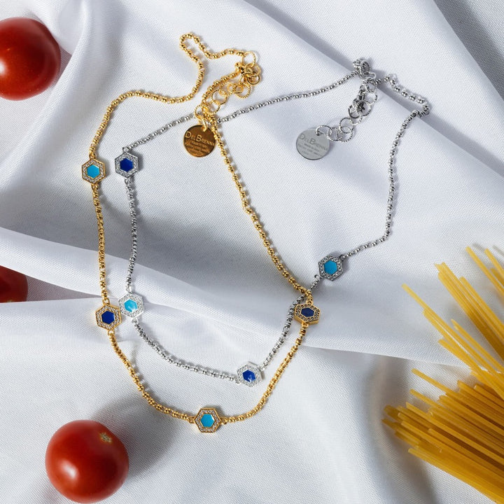 Collana Deco Statement in Rodio con Blu, Turchese & Pavé