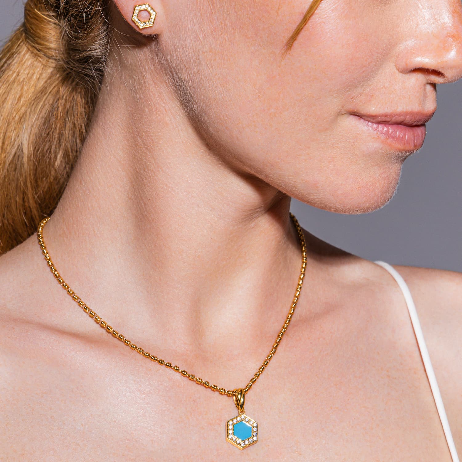 Pendente Deco in Oro con Blu, Turchese & Pavé