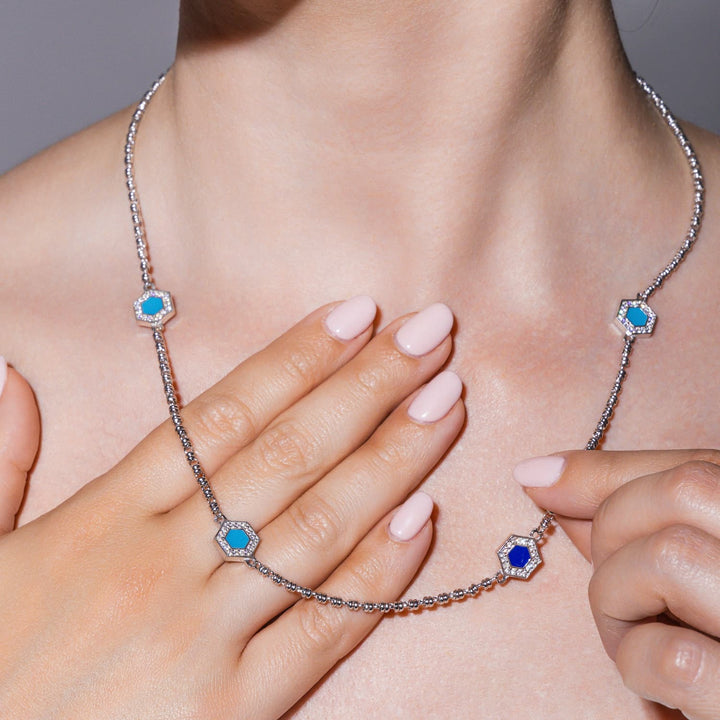 Collana Deco Statement in Rodio con Blu, Turchese & Pavé