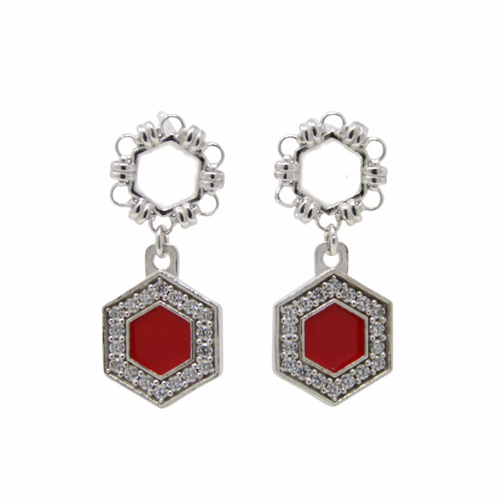 Orecchini Deco Statement in Rodio con Rosso & Pavé