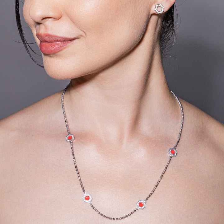 Collana Deco Statement in Rodio con Rosso, Corallo & Pavé