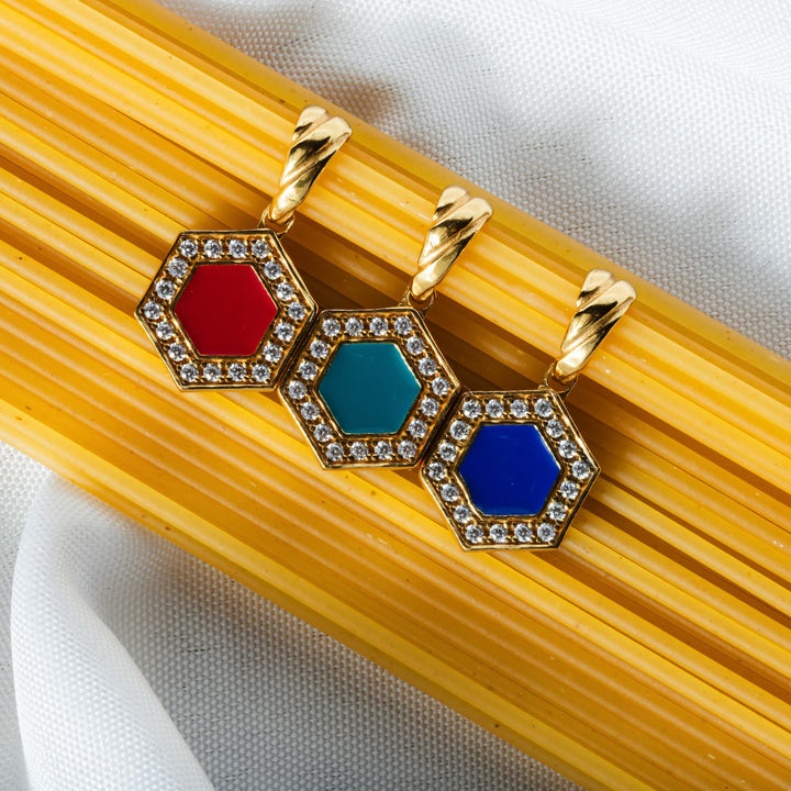 Pendente Deco in Oro con Blu, Turchese & Pavé