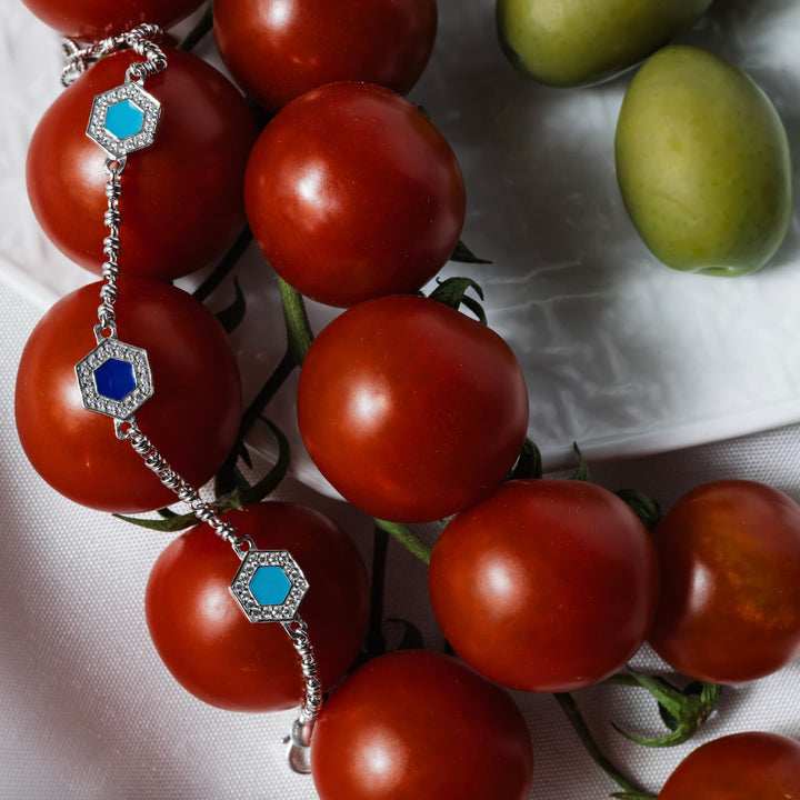 Bracciale Deco Statement in Rodio con Blu, Turchese & Pavé