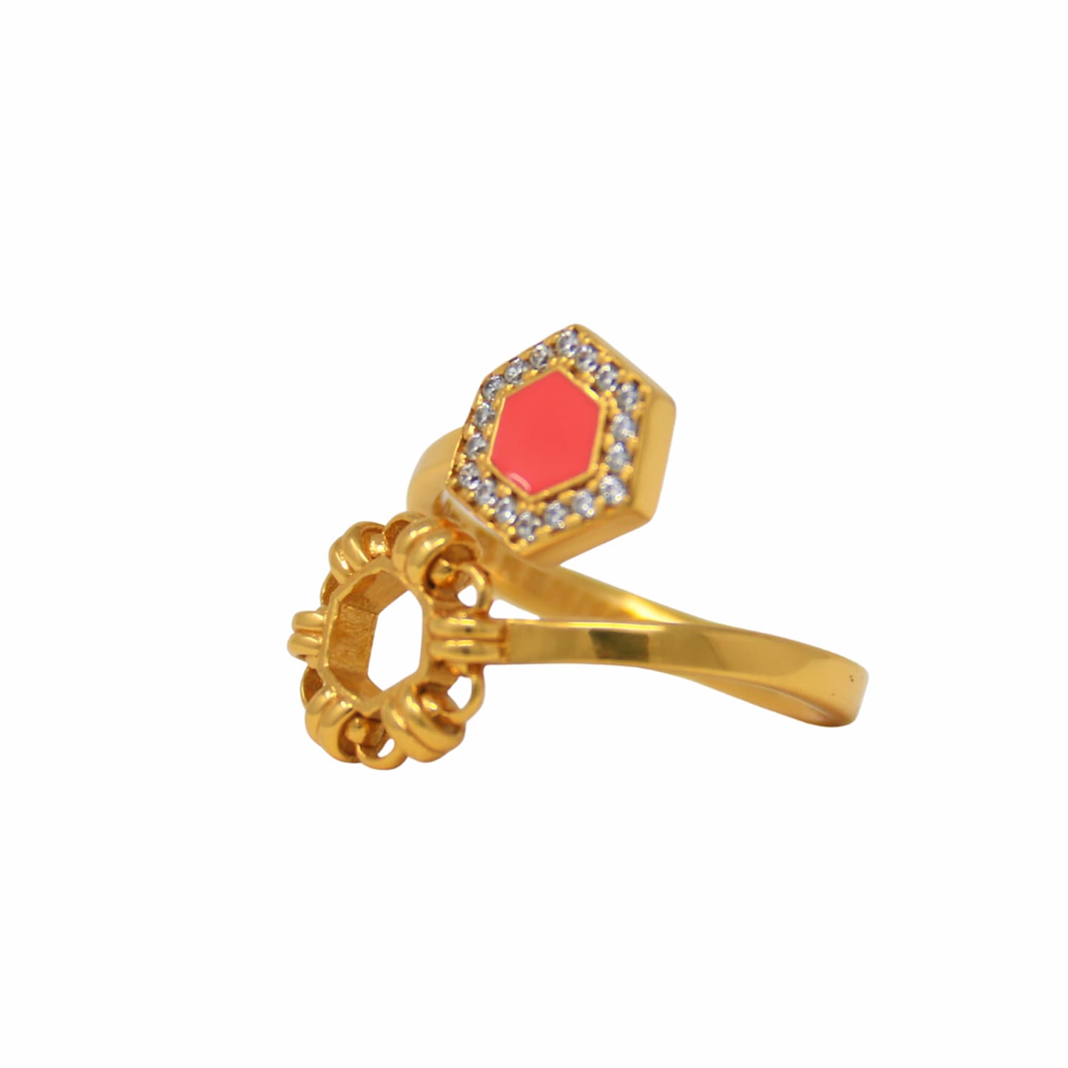 Anello Deco Statement in Oro con Corallo & Pavé