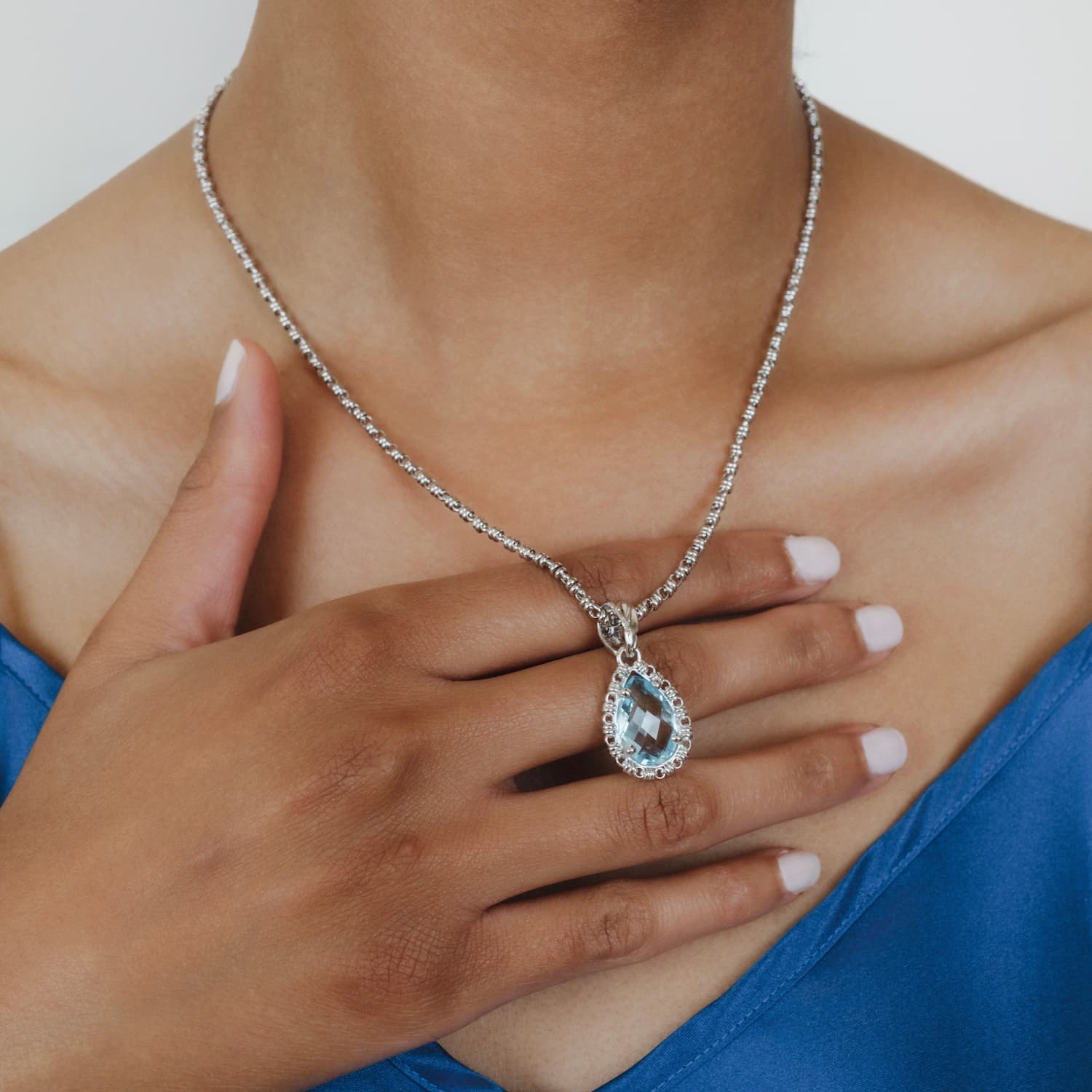 Pendente Goccia in Rodio con Topazio Azzurro, Grande