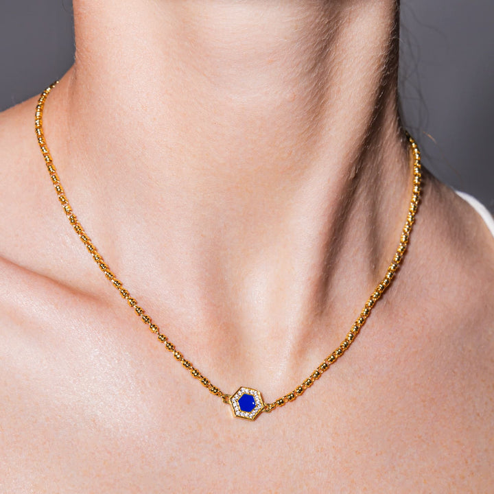 Collana Deco in Oro con Blu, Turchese & Pavé