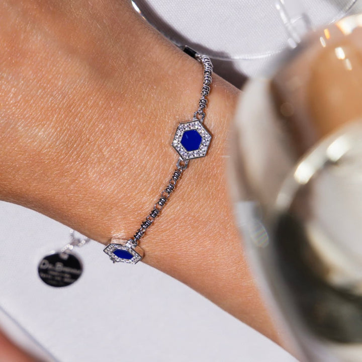 Bracciale Deco Statement in Rodio con Blu, Turchese & Pavé