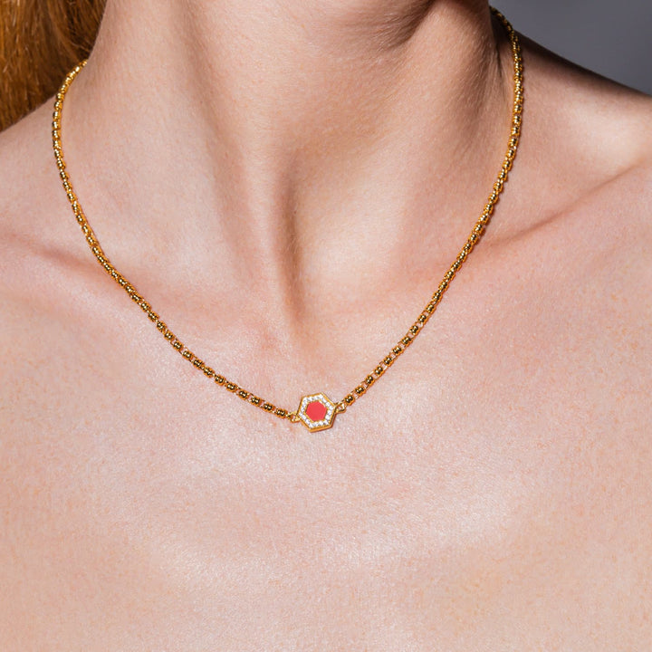 Collana Deco in Oro con Rosso, Corallo & Pavé