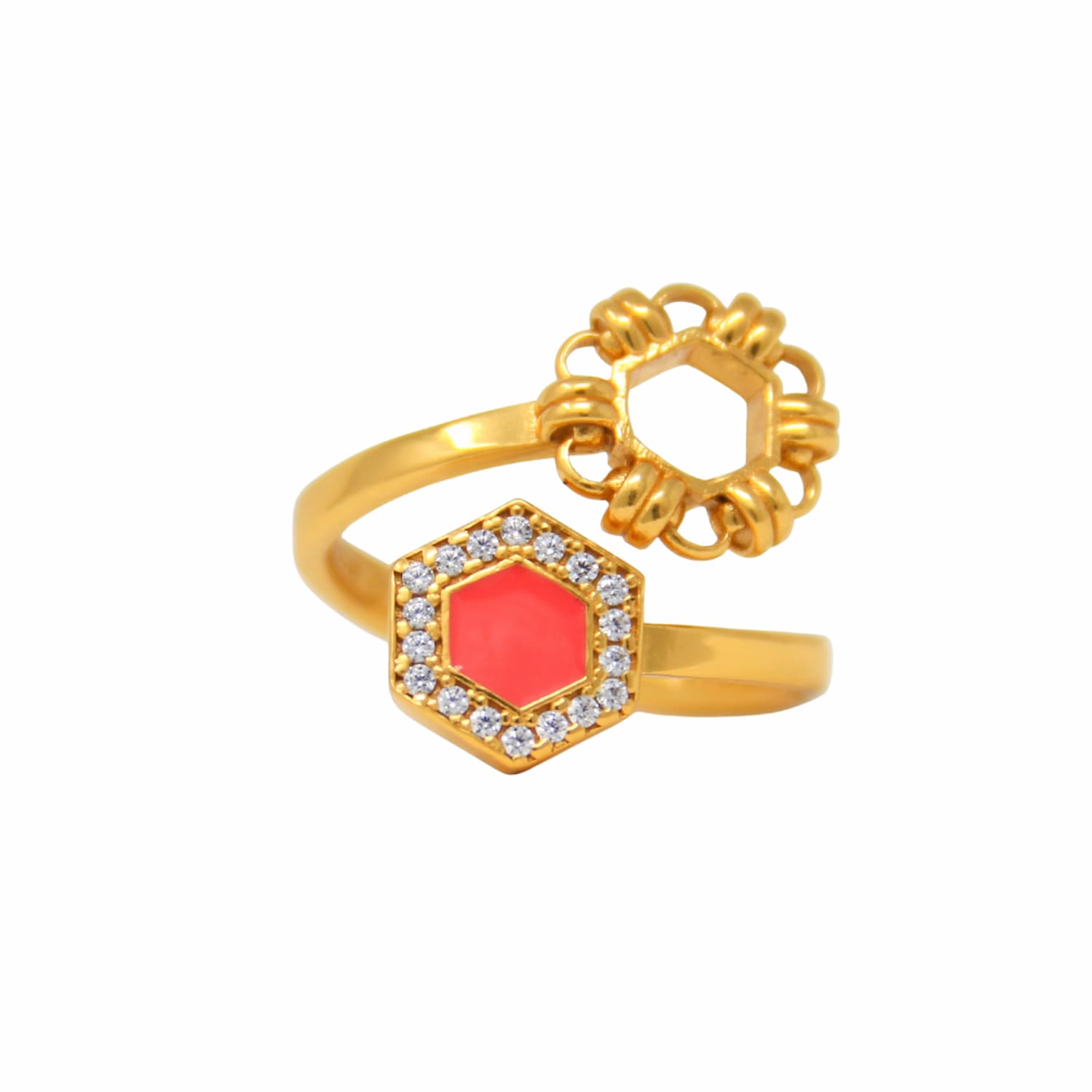Anello Deco Statement in Oro con Corallo & Pavé