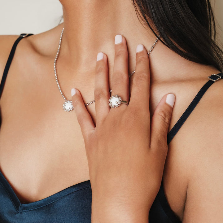 Anello Gemma in Rodio con Agata Bianca