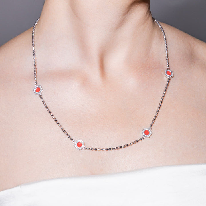 Collana Deco Statement in Rodio con Rosso, Corallo & Pavé