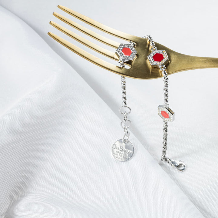 Bracciale Deco Statement in Rodio con Rosso, Corallo & Pavé