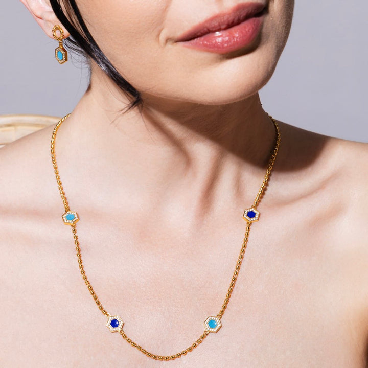 Collana Deco Statement in Oro con Blu, Turchese & Pavé