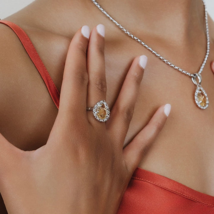 Anello Goccia in Rodio con Citrino, Grande