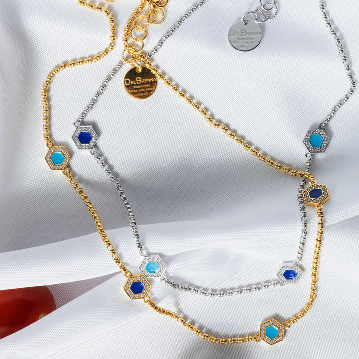 Collana Deco Statement in Oro con Blu, Turchese & Pavé