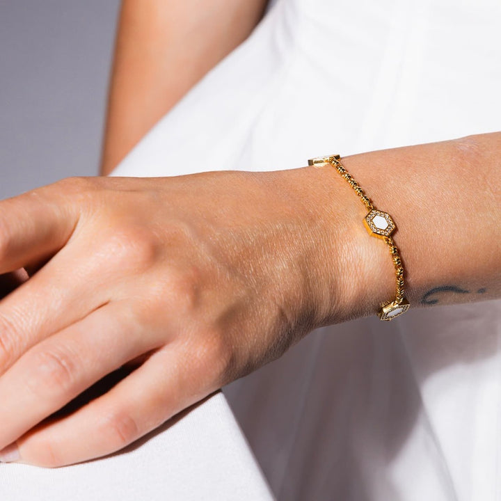 Bracciale Deco Statement in Oro con Verde, Bianco & Pavé