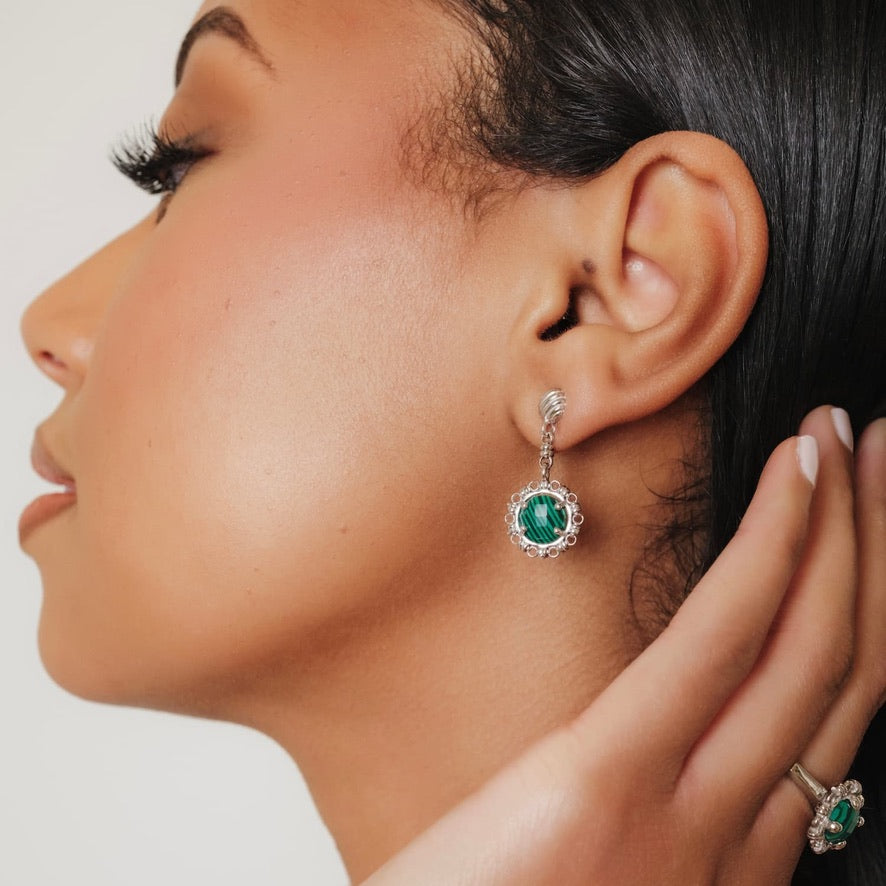 Orecchini Gemma in Rodio con Malachite