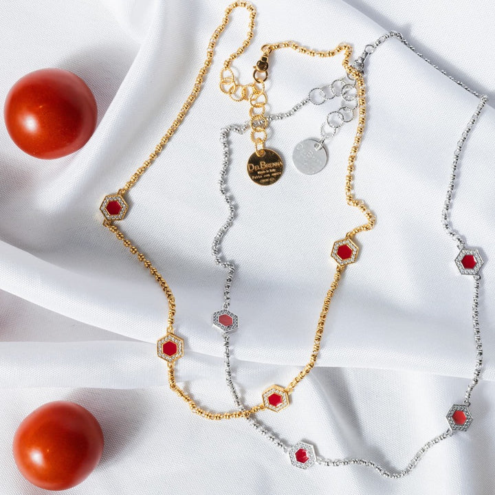 Collana Deco Statement in Rodio con Rosso, Corallo & Pavé
