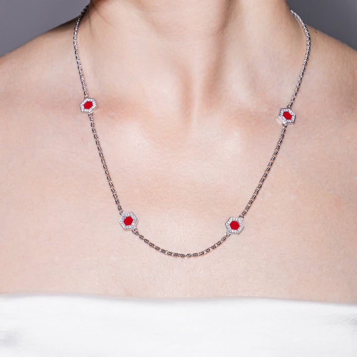 Collana Deco Statement in Rodio con Rosso, Corallo & Pavé