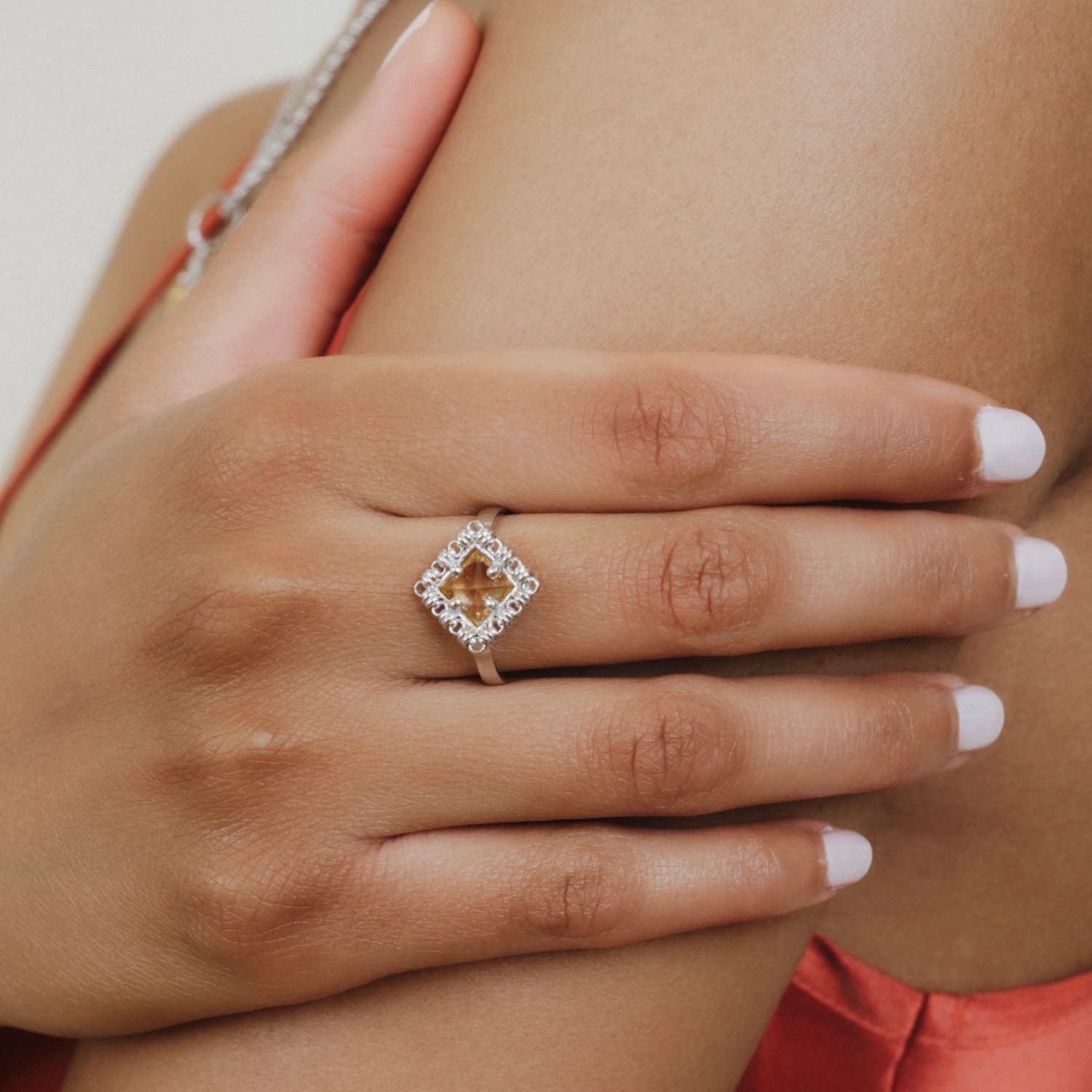 Anello Quadra in Rodio con Citrino, Piccolo