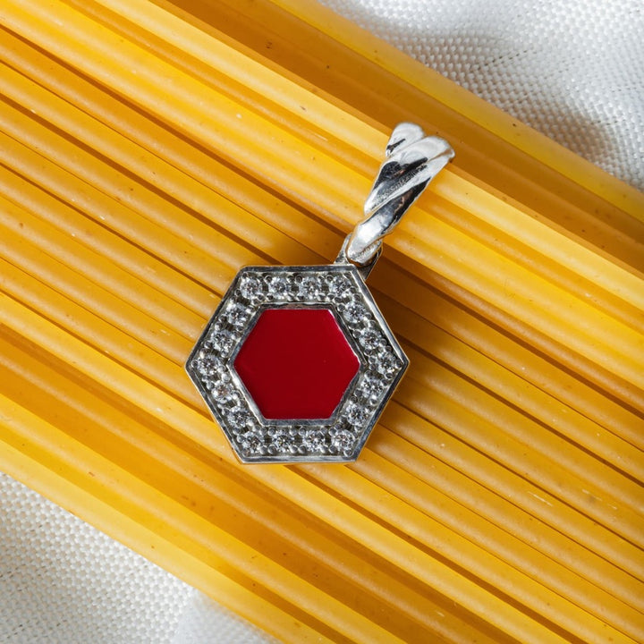 Pendente Deco in Rodio con Rosso, Corallo & Pavé