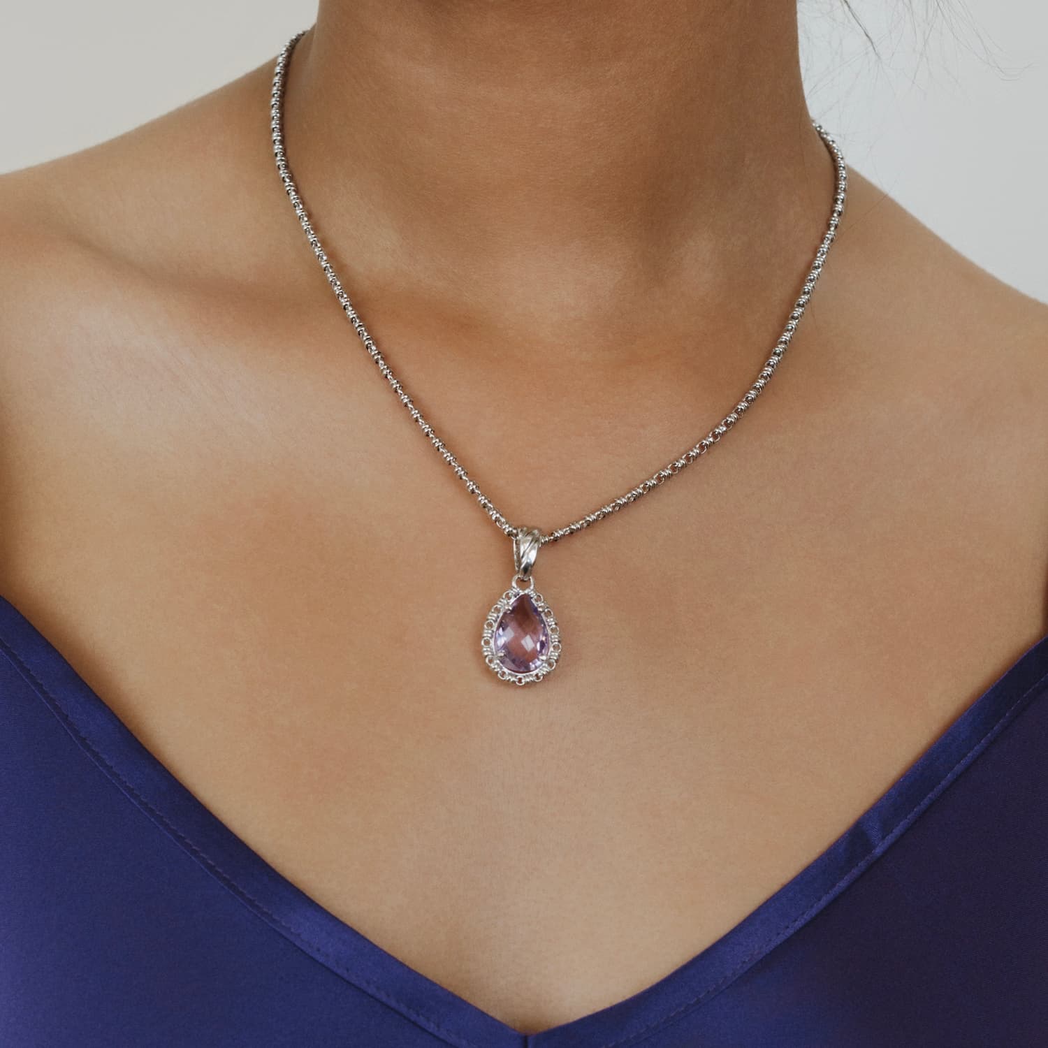 Pendente Goccia in Rodio con Ametista, Piccolo