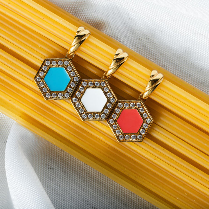 Pendente Deco in Oro con Blu, Turchese & Pavé