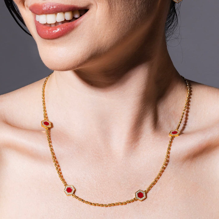 Collana Deco Statement in Oro con Rosso, Corallo & Pavé