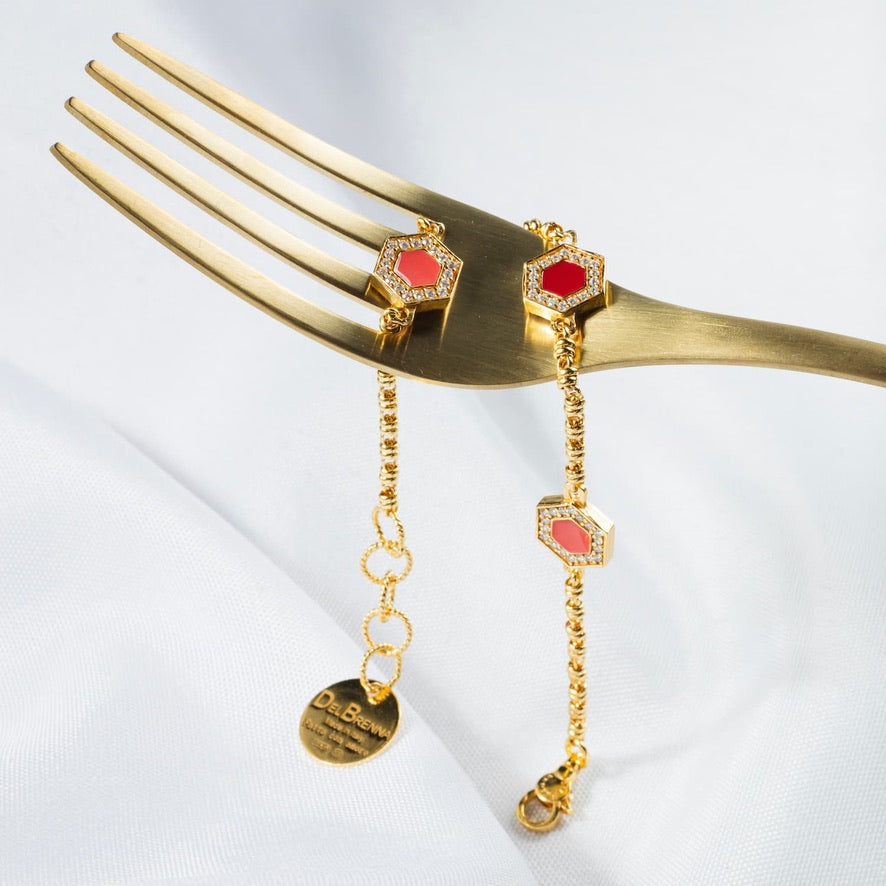 Bracciale Deco Statement in Oro con Rosso, Corallo & Pavé