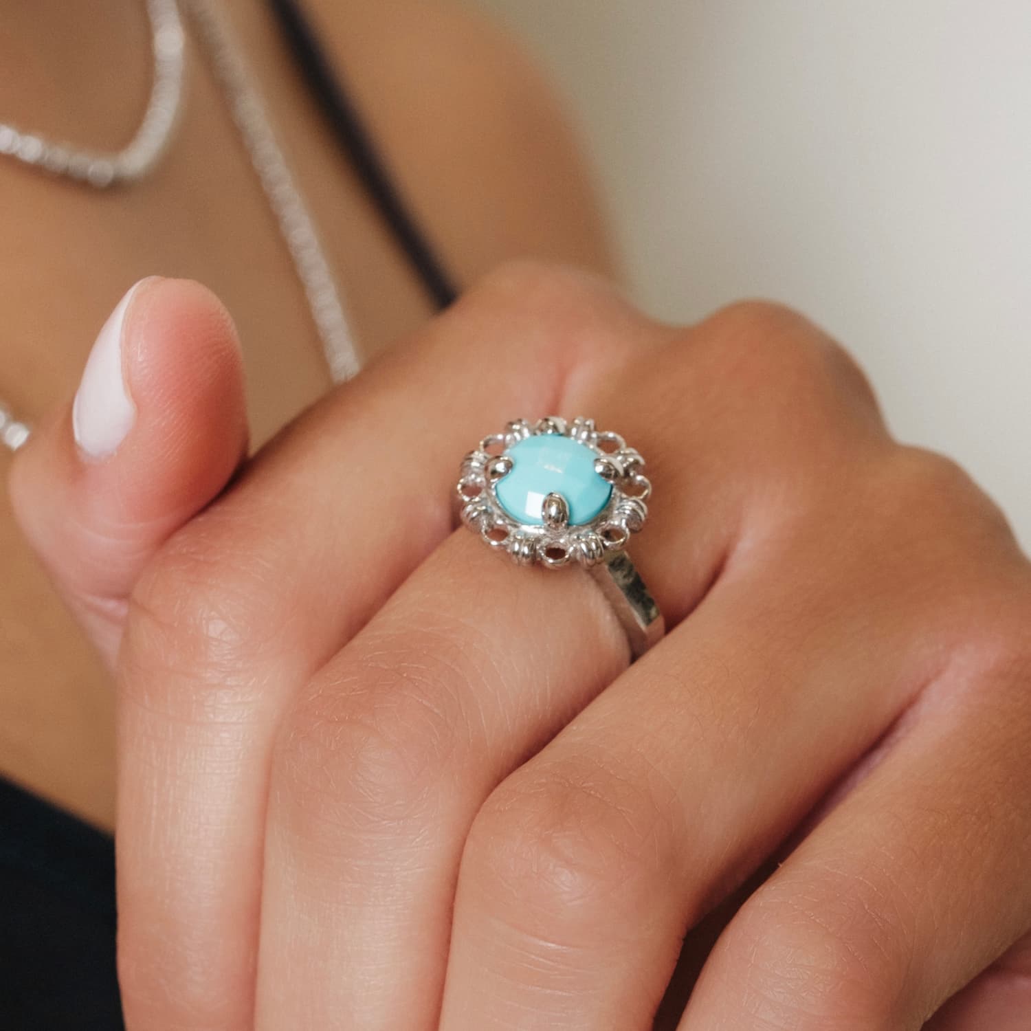 Anello Gemma in Rodio con Turchese