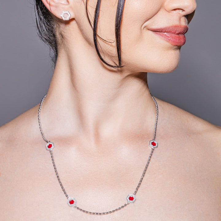 Collana Deco Statement in Rodio con Rosso, Corallo & Pavé