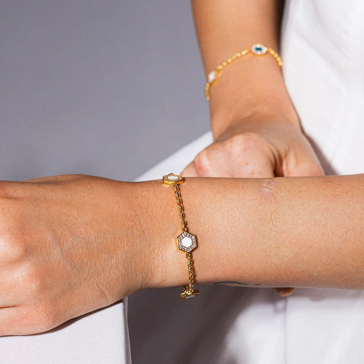 Bracciale Deco Statement in Oro con Verde, Bianco & Pavé