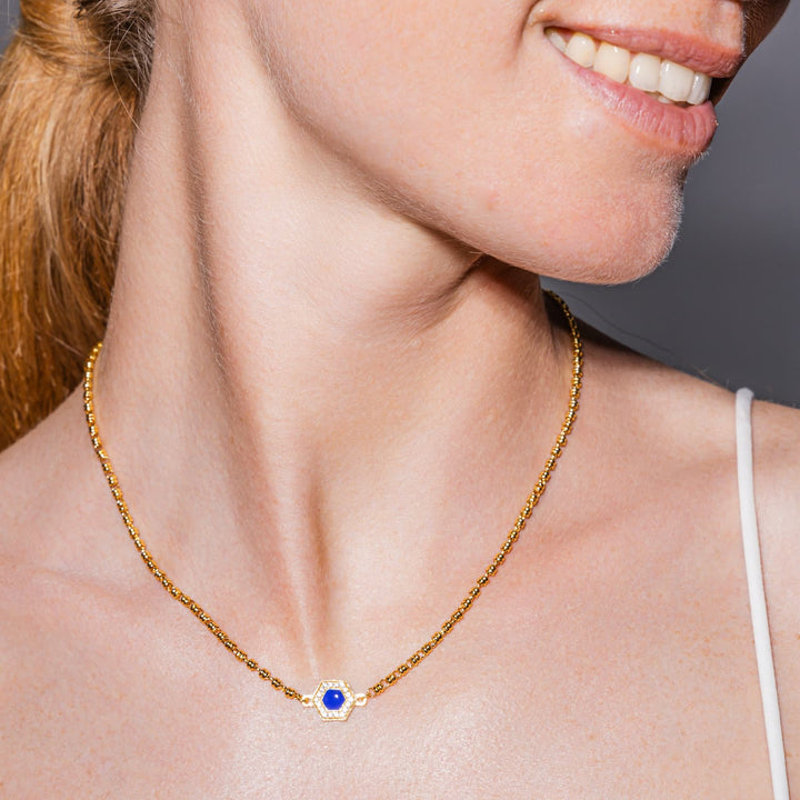 Collana Deco in Oro con Blu, Turchese & Pavé
